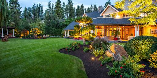 Garden landscaping with greenery and pathways